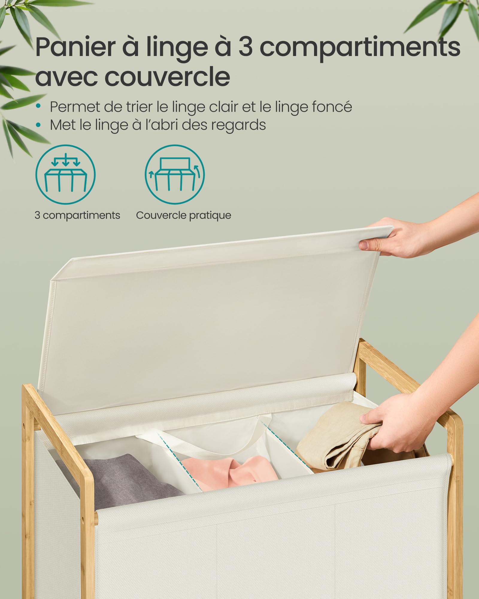 SONGMICS Panier à Linge 3 Compartiments, Corbeille à Linge Sale, Structure en Bambou, Couvercle Renforcé et Amovible, Sac Amovible, 150 L, Blanc Crème RLH103WD01