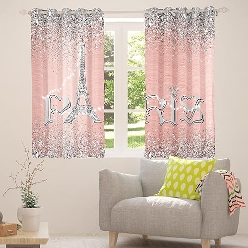 Miniatura 3 de Cortinas femeninas de la Torre Eiffel de 42 x 84 pulgadas, cortinas opacas con purpurina para mujer, cortinas románticas de diamante degradado rosa