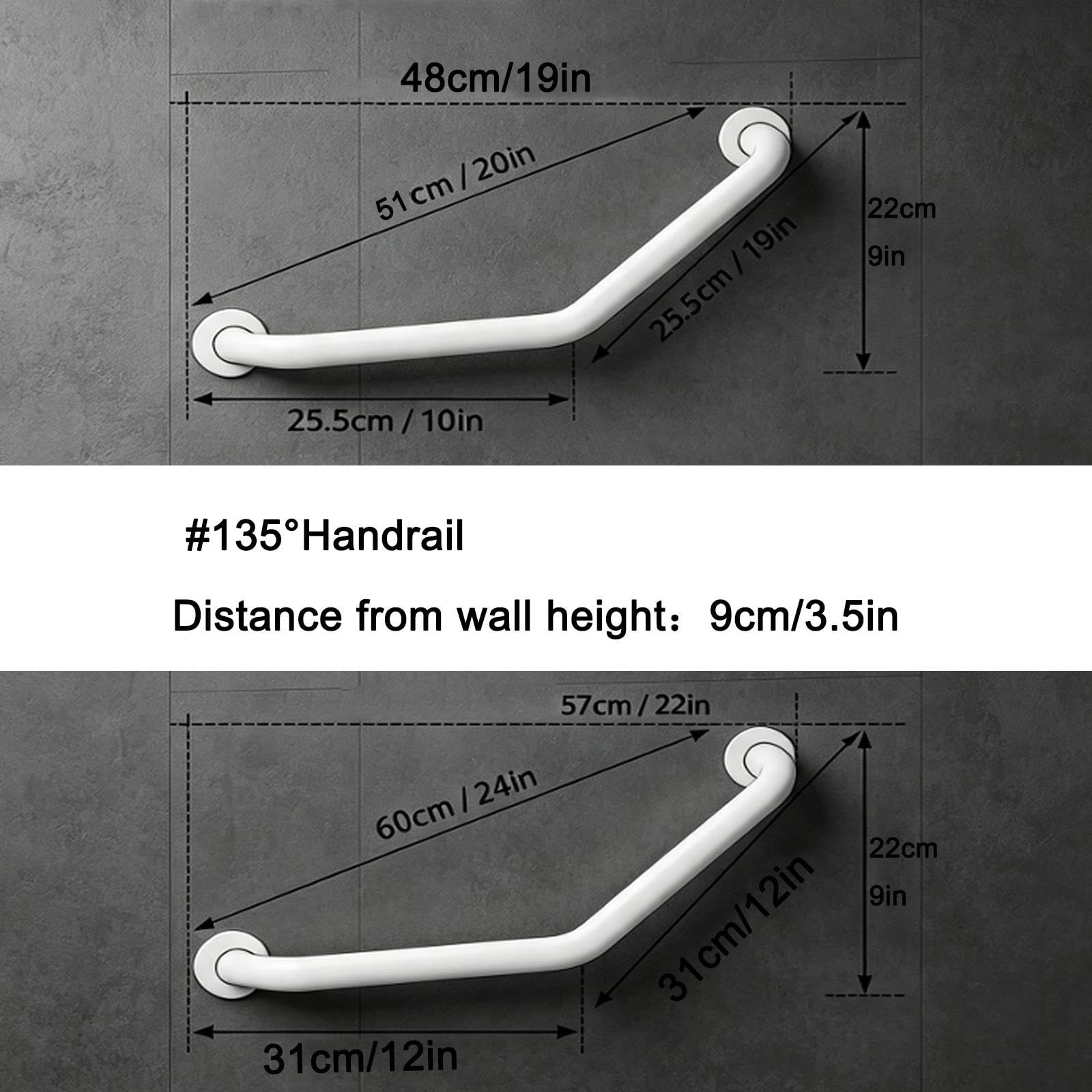 Barra di Appoggio Inclinata Acciaio Inox 304 | Barra di Appoggio Inclinata Inox 304, 135° 250kg, Reversibile Impermeabile Anziani Gestanti(60cm/24in)
