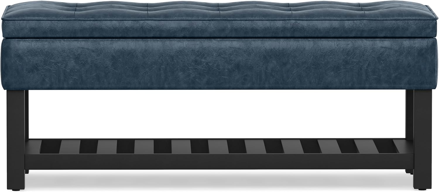 SIMPLIHOME Cosmopolitan Storage Ottoman Bench - 44 inch Wide Upholstered Vegan Leather Rectangle Storage Ottoman in Denim Blue, Transitional Bench for Bedroom with Tufted Lift-Top and Open Shelf