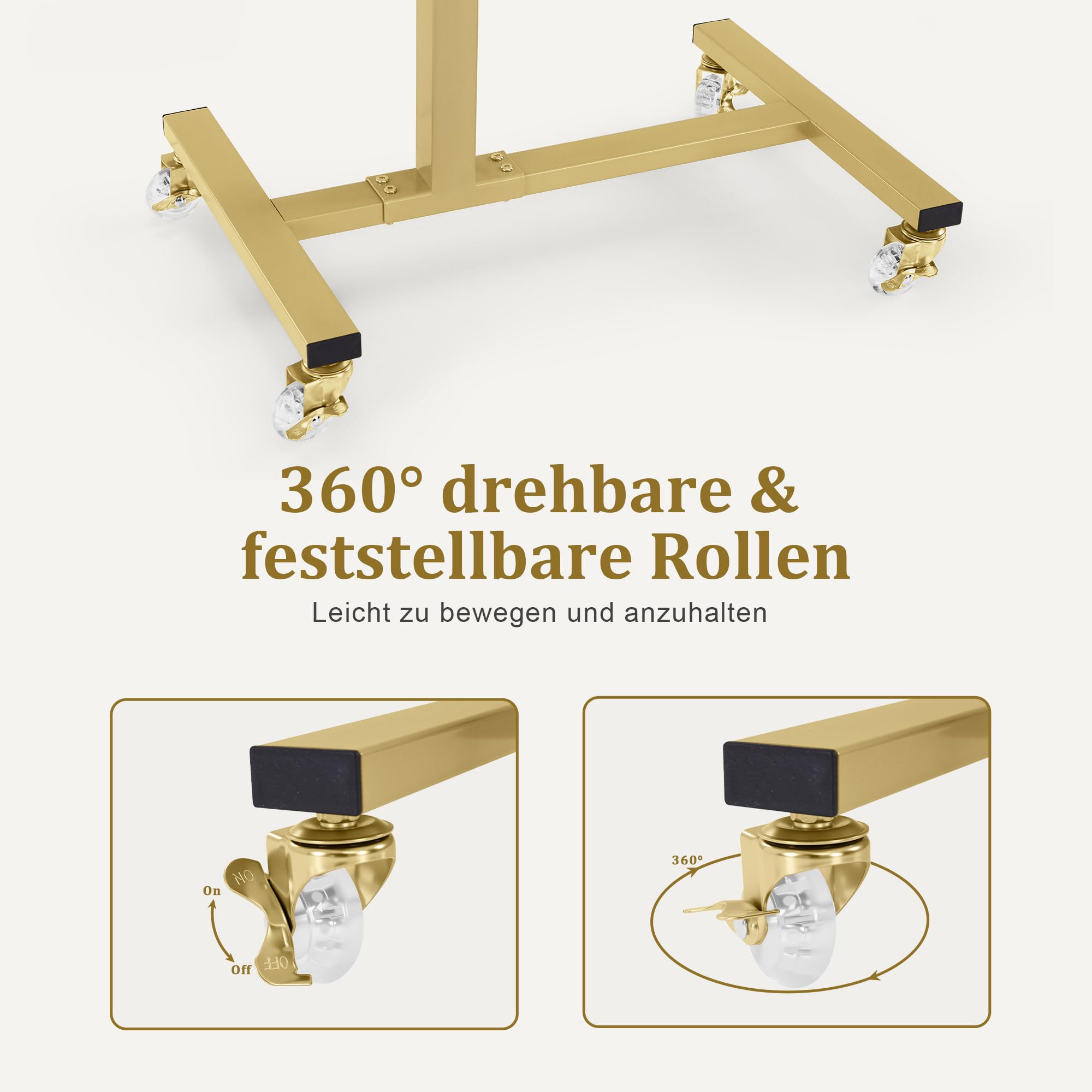 Barberpub Beistelltisch mit Rollen Höhenverstellbar Salon-Tablettwagen Gold C Form Friseurwagen 40x60x72/97cm Weiß-Gold