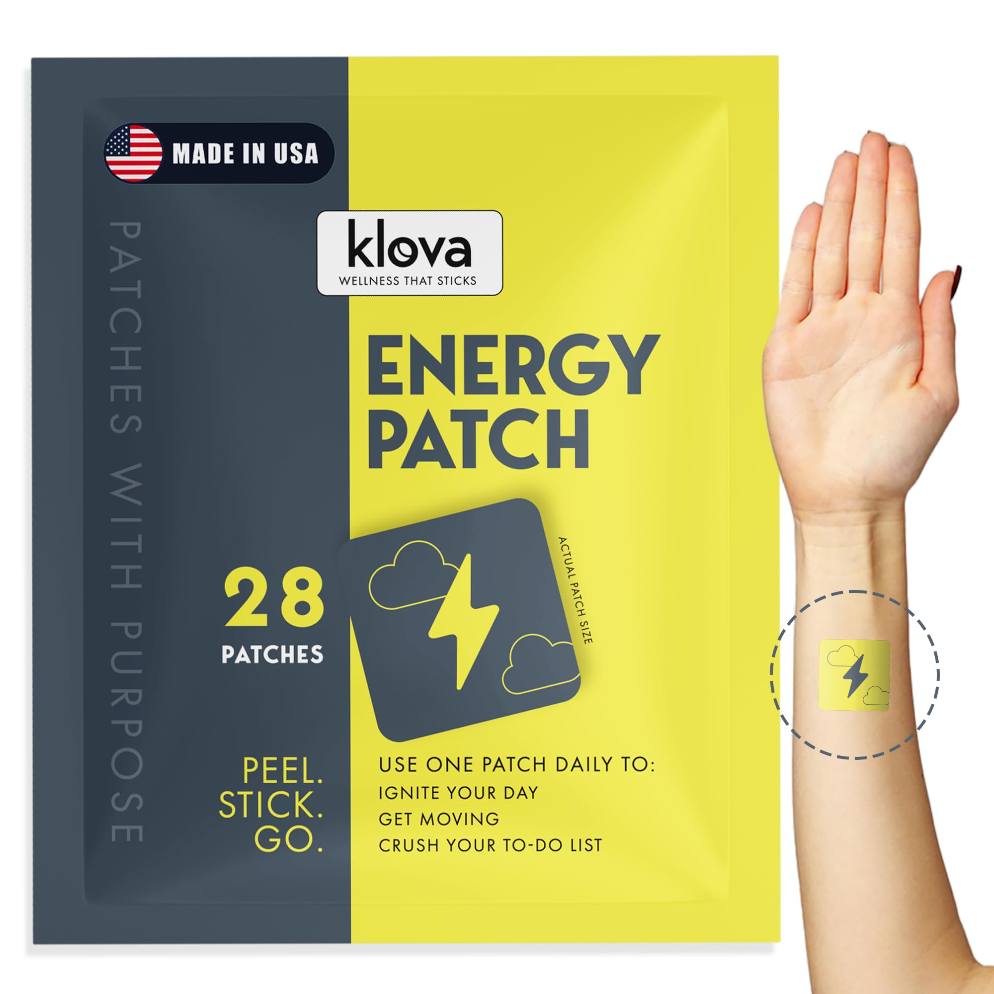 Klova Parches energéticos con cafeína, extracto de té verde, extracto de hoja de menta, vitamina B3 y vitamina B6, para mejorar la vigilia matutina