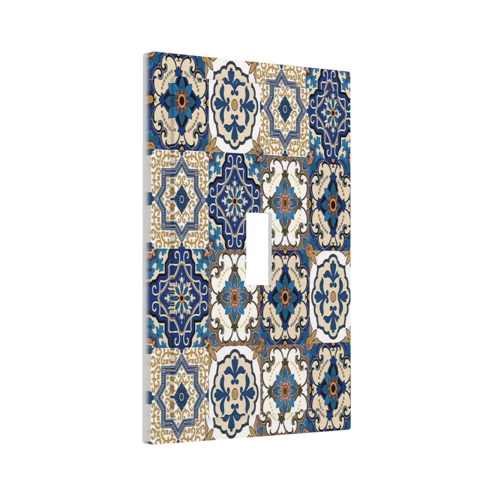 Retro Blue Mexican Talavera Tile Mandara 1 Gang Light Switch Cover Decorative Single Toggle Wall Plate Switchcovers Electrical Switchplate Home Decor for Kitchen Bathroom Living Room Decorate