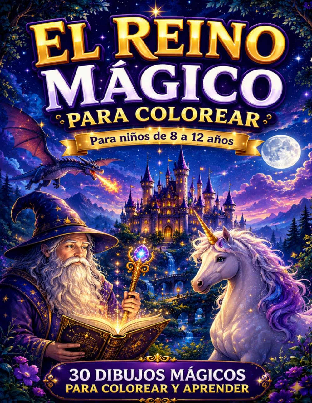 El reino mágico para colorear: Libro de fantasía para niños de 8 a 12 años | 30 dibujos mágicos para desarrollar la creatividad