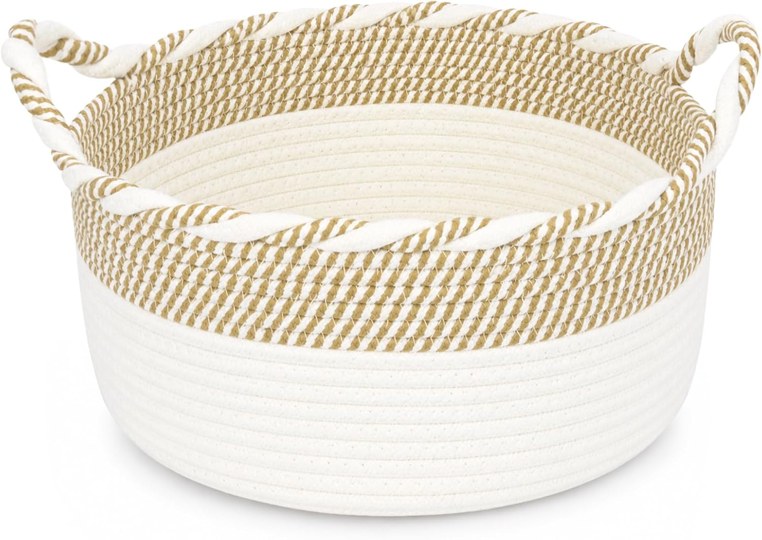 Small Cotton Rope Storage Basket with Handles, Boho Cotton Rope Storage Bins for Towel,Toy, Round Jute-Colored Nursery Woven Basket, Empty Gift Basket,11 x 11 x 5