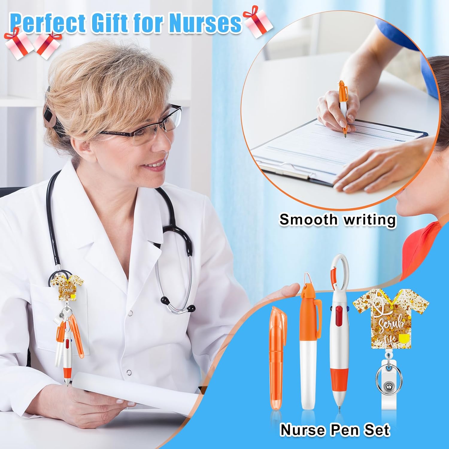 Sinmoe 75 Pcs Nurse Badge Reels Bulk Nurse Gifts Pen Set Include Badge Holder Tip Mini Highlighter Marker Pen Retractable Ballpens and Metal Ring Keychain for Doctor Gift Accessories(Vivid Color)