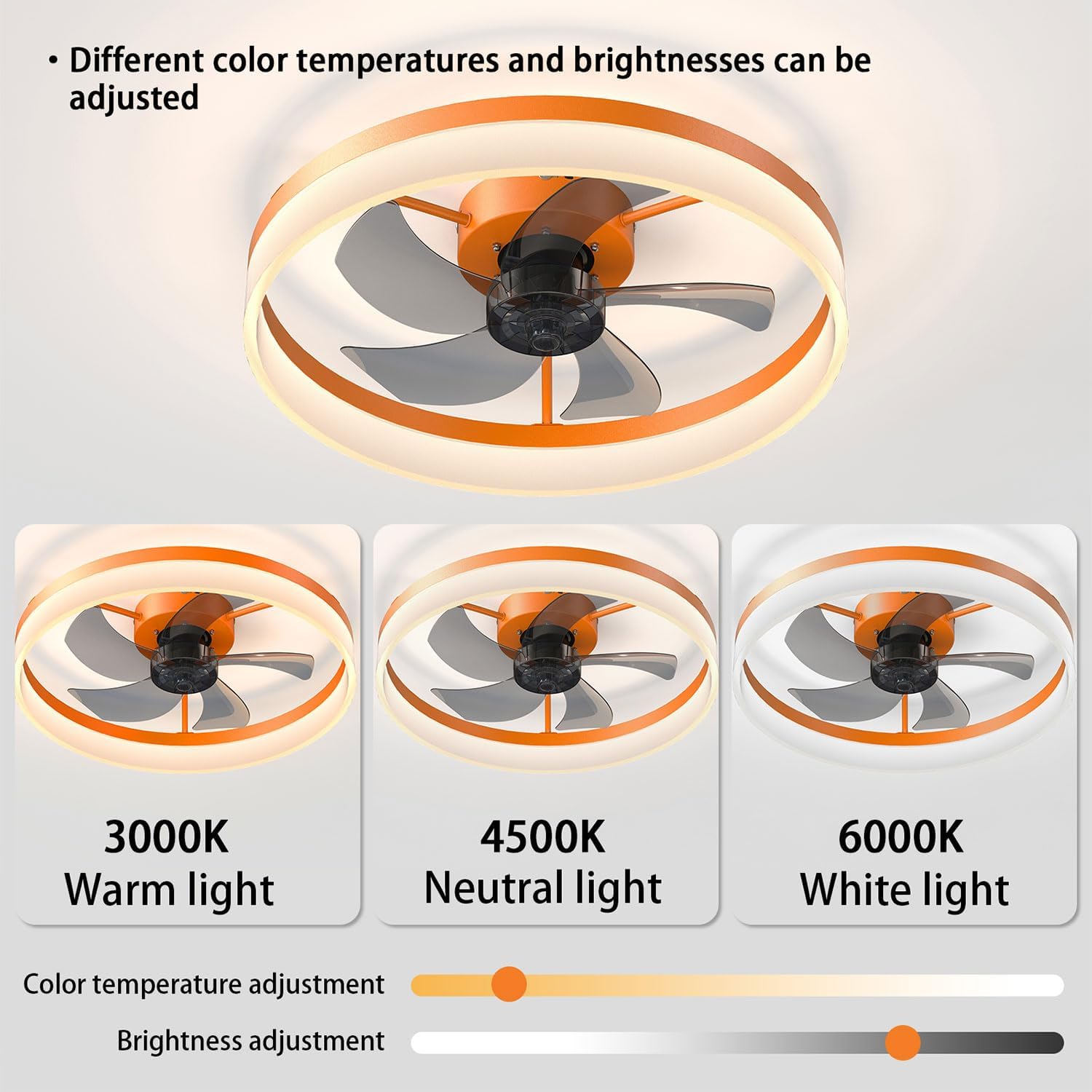 Modern Dimmable Ceiling Fans with LED Lights, Remote/App Control, 19.7'' Low Profile Fandelier Flush Mount Fan Light, 6 Speeds Smart Bladeless Ceiling Fan for Bedroom, Living Room,Orange