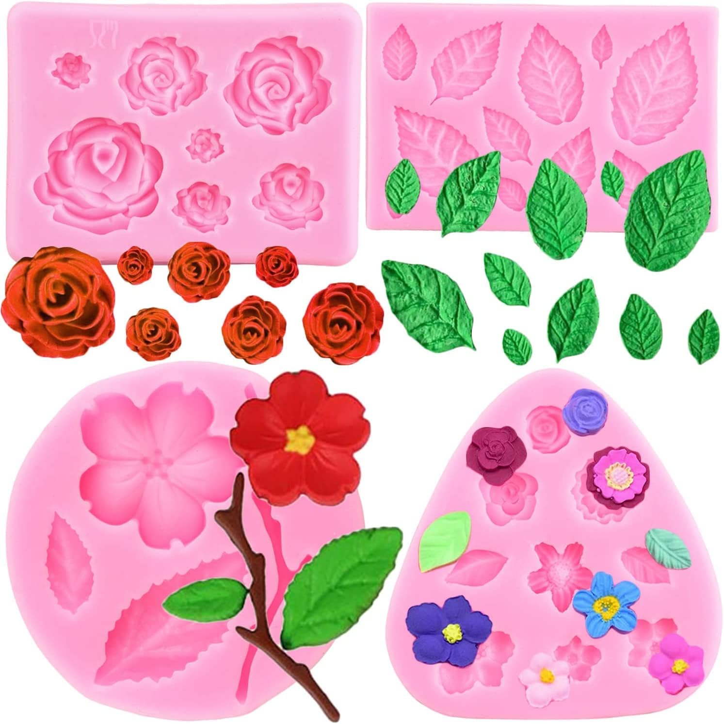 ローズフラワー フォンダン ケーキ型 ピーチフラワー シリコン型 フラワーリーフ キャンディ型 カップケーキ用ケーキトッパーデコレー
