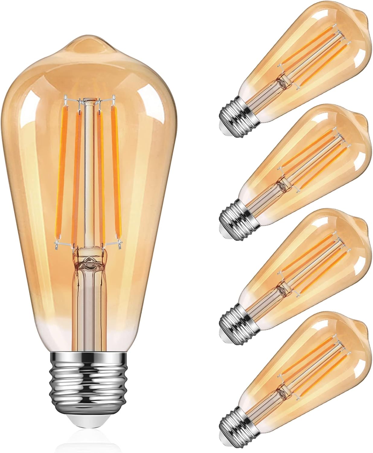 Ascher Vintage LED Edison Bulbs 60 Watt Equivalent, Eye Protection Led Bulb with 95+ CRI, Amber Warm 2300K, ST58 Antique LED Filament Bulbs, Non-Dimmable, E26 Medium Base, Pack of 4