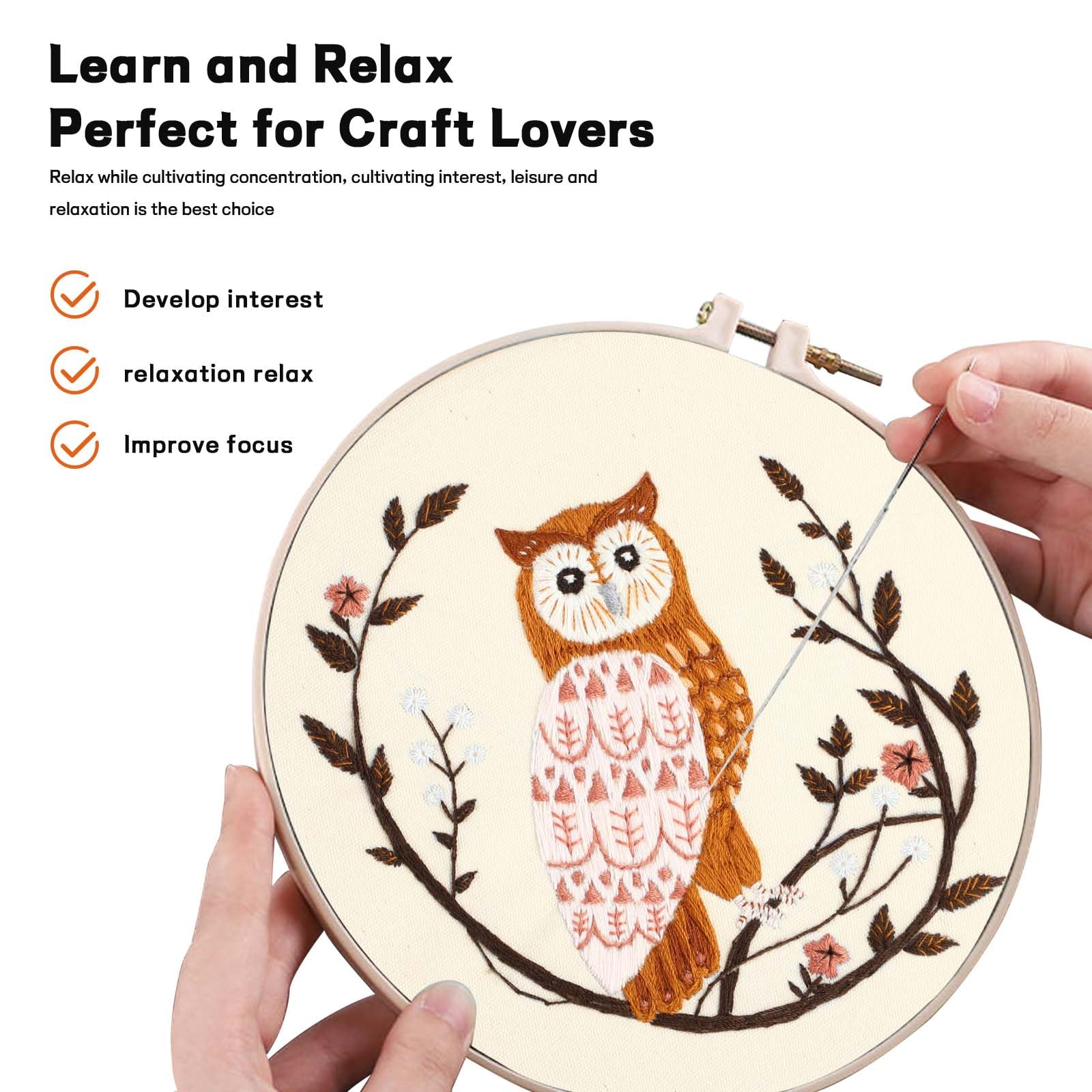 JOINRUN Kit de inicio de bordado para principiantes y adultos: kit de punto de cruz de búho para amantes de las manualidades, aprender a coser a mano, incluye patrón estampado, aro, instrucciones
