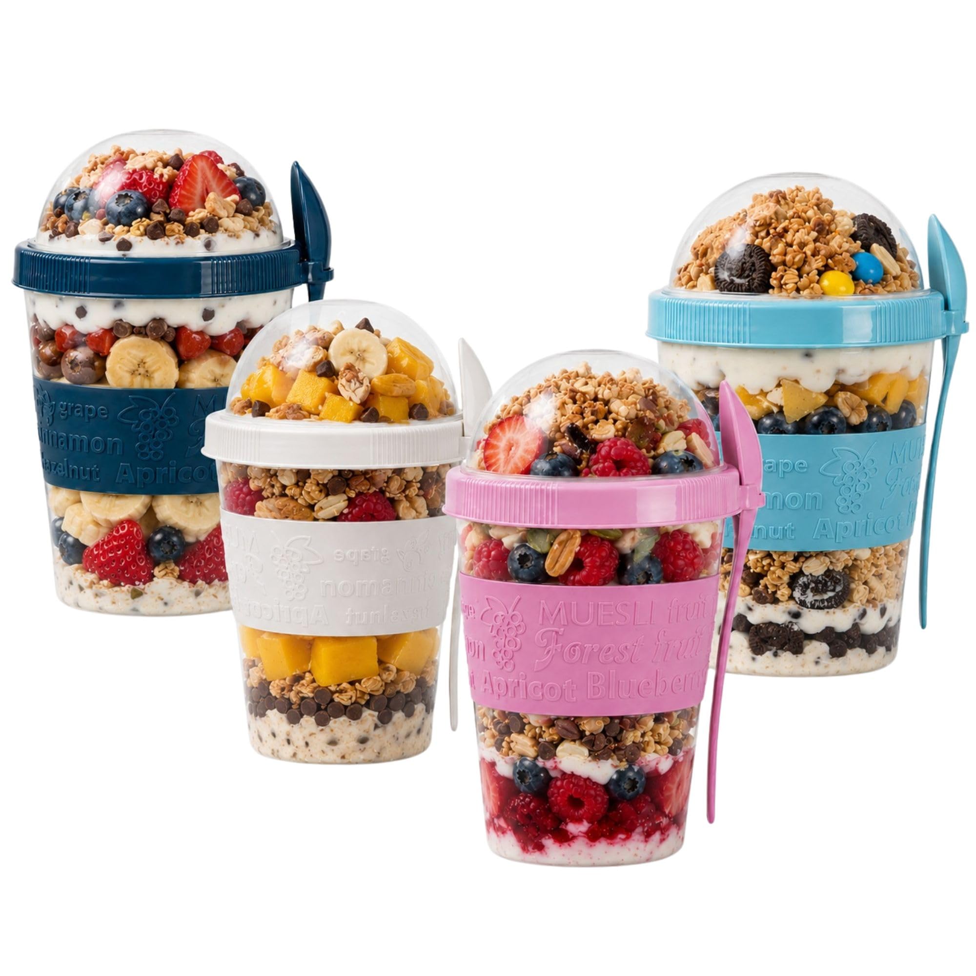 Suprano Reusable Yogurt Cups with Lid & Spoon 100% BPA Free Breakfast On the Go Cups with Topping Cereal 600ml Over Night Oats Container Smoothie Snack Jars (Blue Teal, Turquoise, White, Pink)