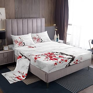 Erosebridal Cherry Blossom Sheet Set Queen Size 4Pcs,White Grey Marble Bed Sheets for Girls Women Red Flower Floral Fitted Sheet Japanese Style Flat Sheet Botanical Theme Sheets,Soft