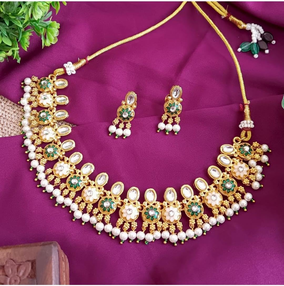 Efulgenz Indian Jewelry Sets for Women Traditional Gold Tone Choker Necklace Set Faux Pearl Kundan Crystal Floral Necklace Dangle Earrings Bollywood Fashion Indian Bridal Jewelry for Wedding - Image 2