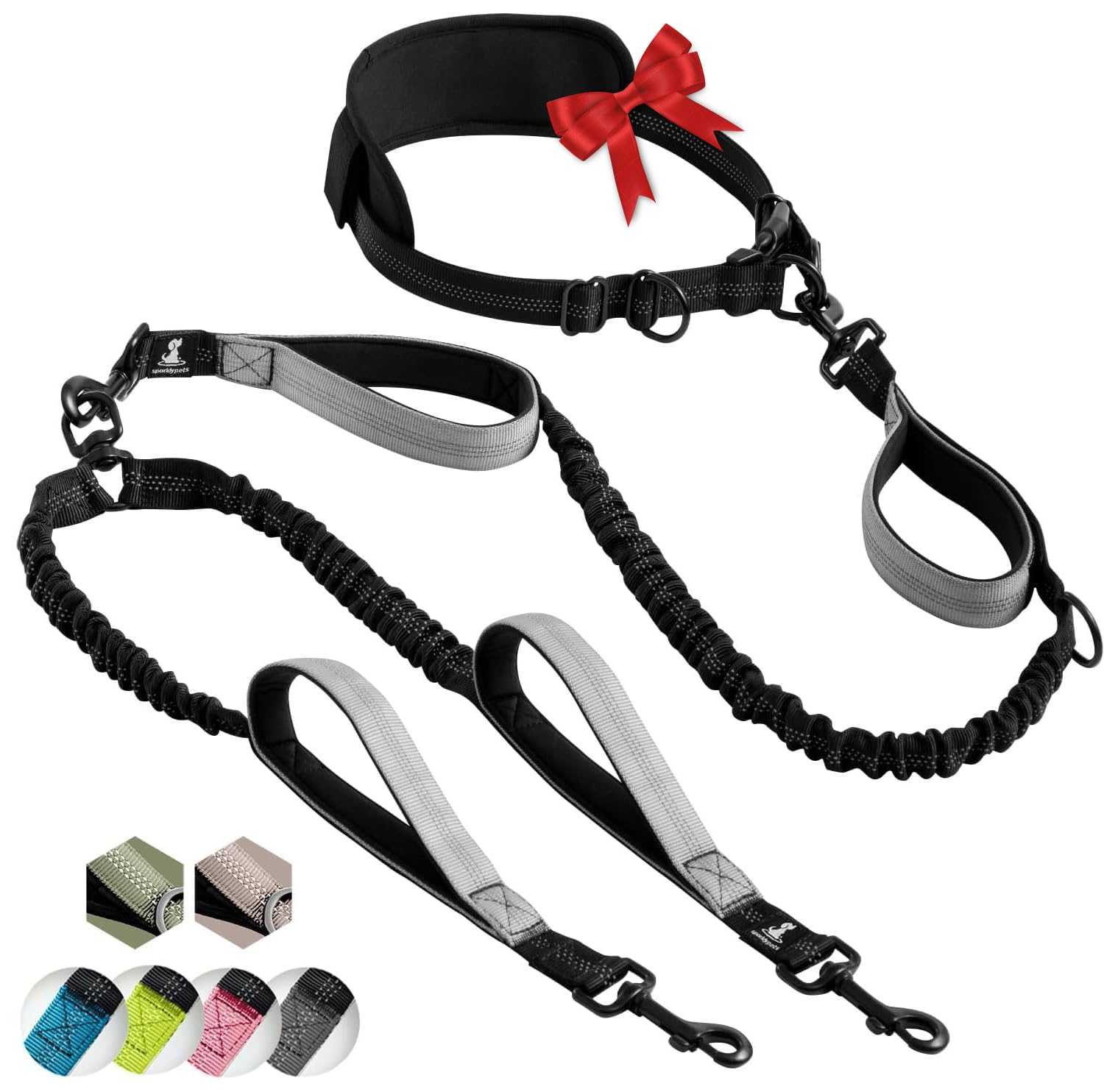SparklyPets Hands Free Double Dog Lead Splitter – Dual Dog Lead for Medium and Large Breeds – Leash for 2 Dogs with Padded Handles, Reflective Stitches, No Pull, Tangle Free (Gray, For 2 Dogs)