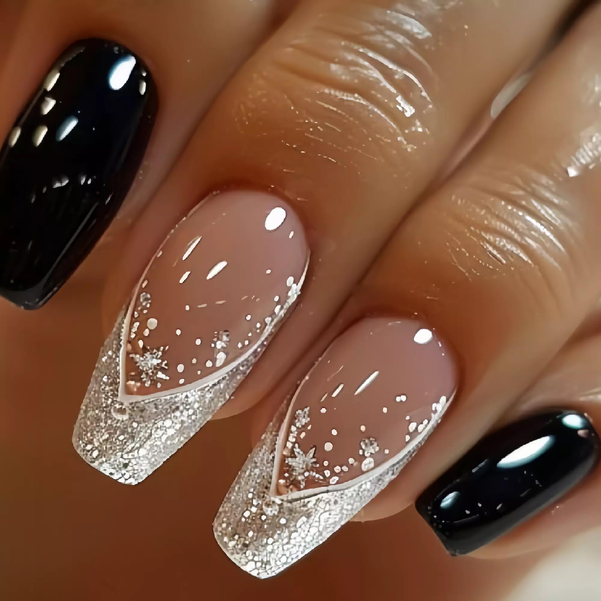 Photo 1 of **3 packs, different designs**BABALAL Press on Nails Long Coffin Fake Nails Black Glue on Nails Glitter Bling Shine Acrylic Nails 24Pcs Ballerina Stick on Nail Supplies DIY Manicure Thick French Tip False Nail Art