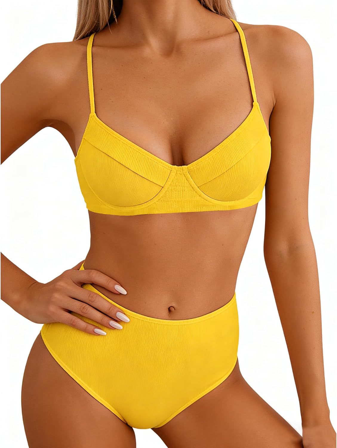 Jolefille Underwire Bikini Sets for Women High Waisted Swimsuits Tummy Control Ribbed Bathing Suits 2 Piece Push Up Swim Suit