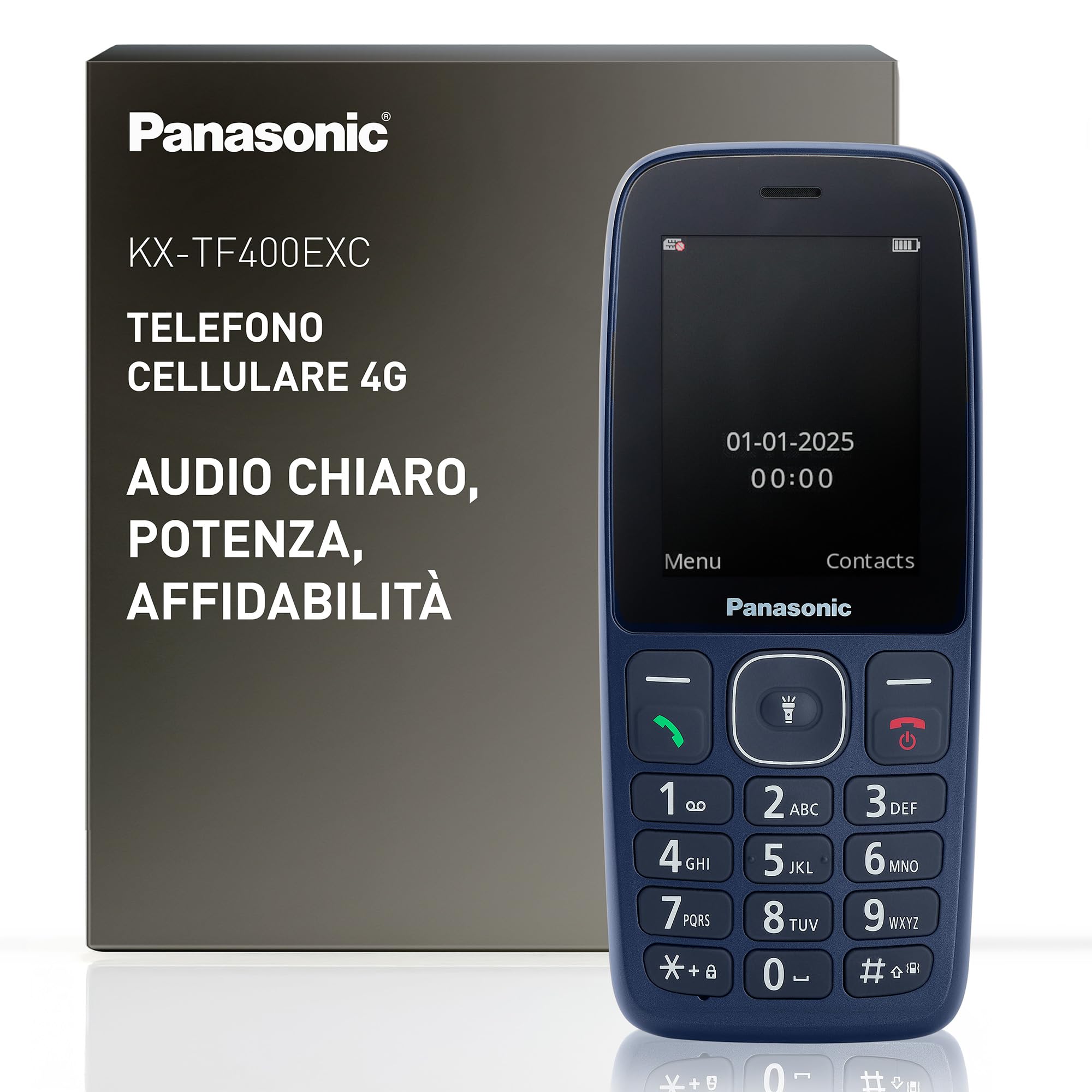Panasonic KX-TF400EXC Telefono Cellulare 4G, VoLTE, Autonomia affidabile fino a 280 ore in modalità Standby, Ricarica USB-C, Display 2,4'', Bluetooth, Torcia LED, Resistente all'Acqua IP44, Blu