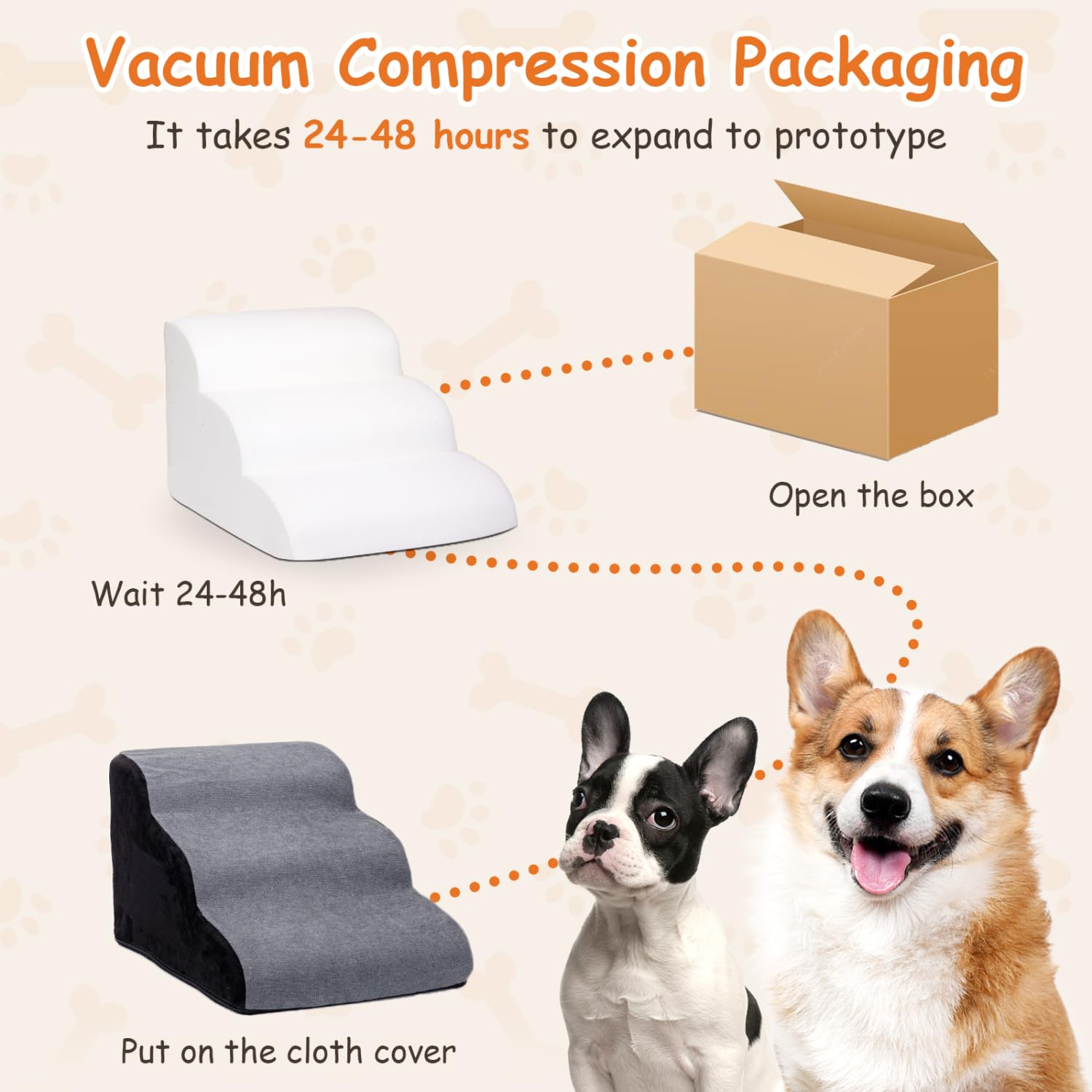 Nobleza Escalera para Perros Pequeños, Escaleras para Mascotas de Espuma para Cama y sofá, Rampa para Perro con Funda Lavable y Fondo Antideslizante, Ligera, 35x56x40cm, 3 Peldaños, Gris