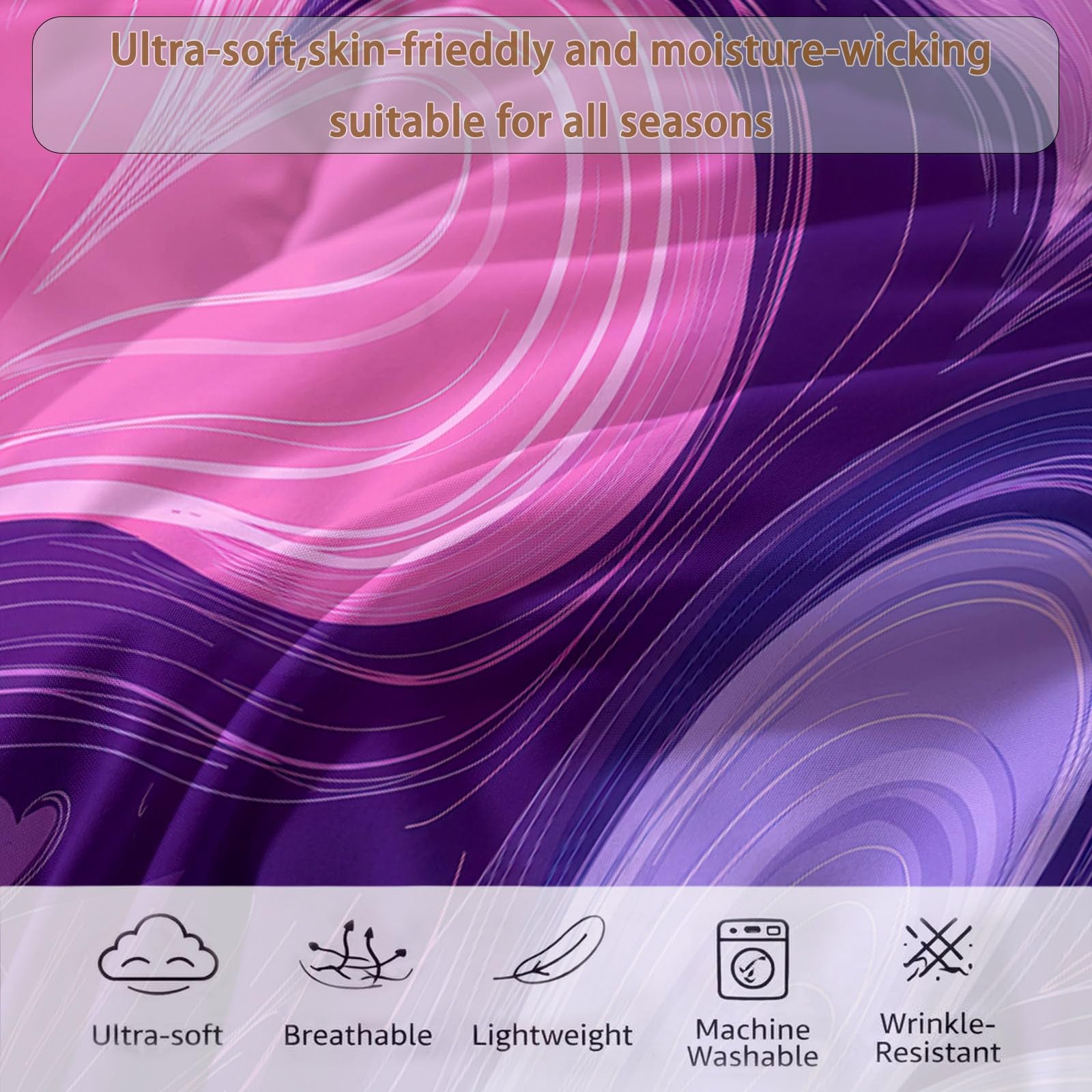 Copripiumino senza copertura con cuori rosa e viola per coppie super king estivo, copriletto trapuntato in microfibra con cartoni animati, set di piumini morbidi e traspiranti