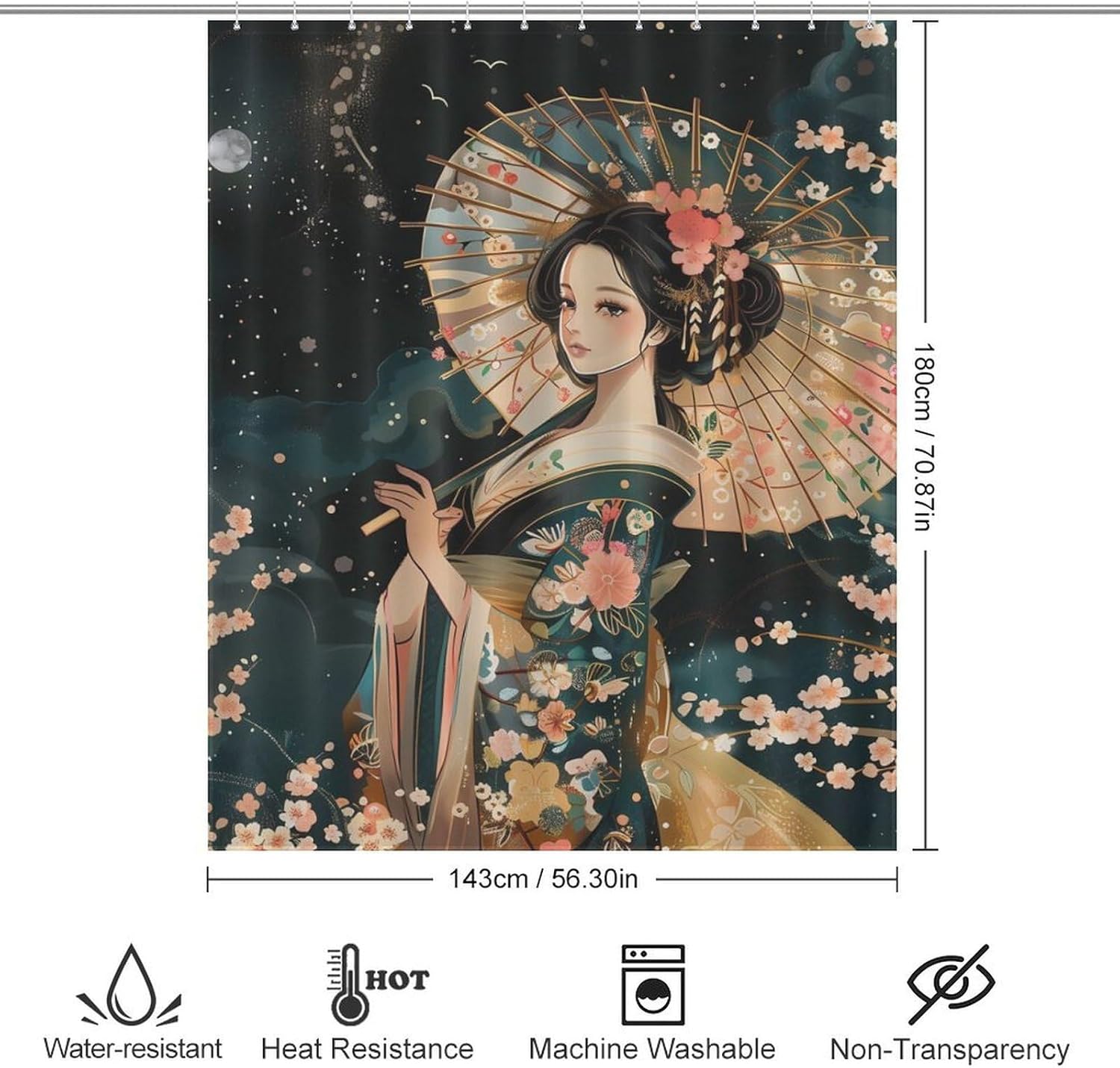 Japanese Geisha Shower Curtain Polyester Bath Curtain 56.30x70.87Inch（143x180cm） Shower Curtains Print Decorative