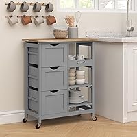 Vista 8 de HOMCOM Carrito de isla de cocina rodante, carrito de servicio de bar, carrito compacto con ruedas con parte superior de madera, estantes y cajones