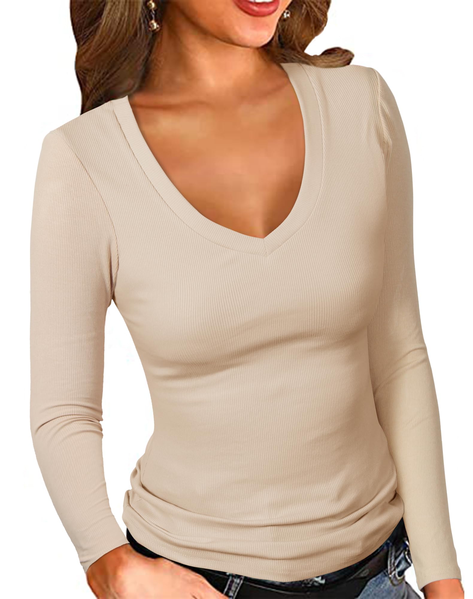 PALINDA Women's Ribbed V Neck Slim Fitted T Shirts Basic Solid Long Sleeve Layering Tee Tops