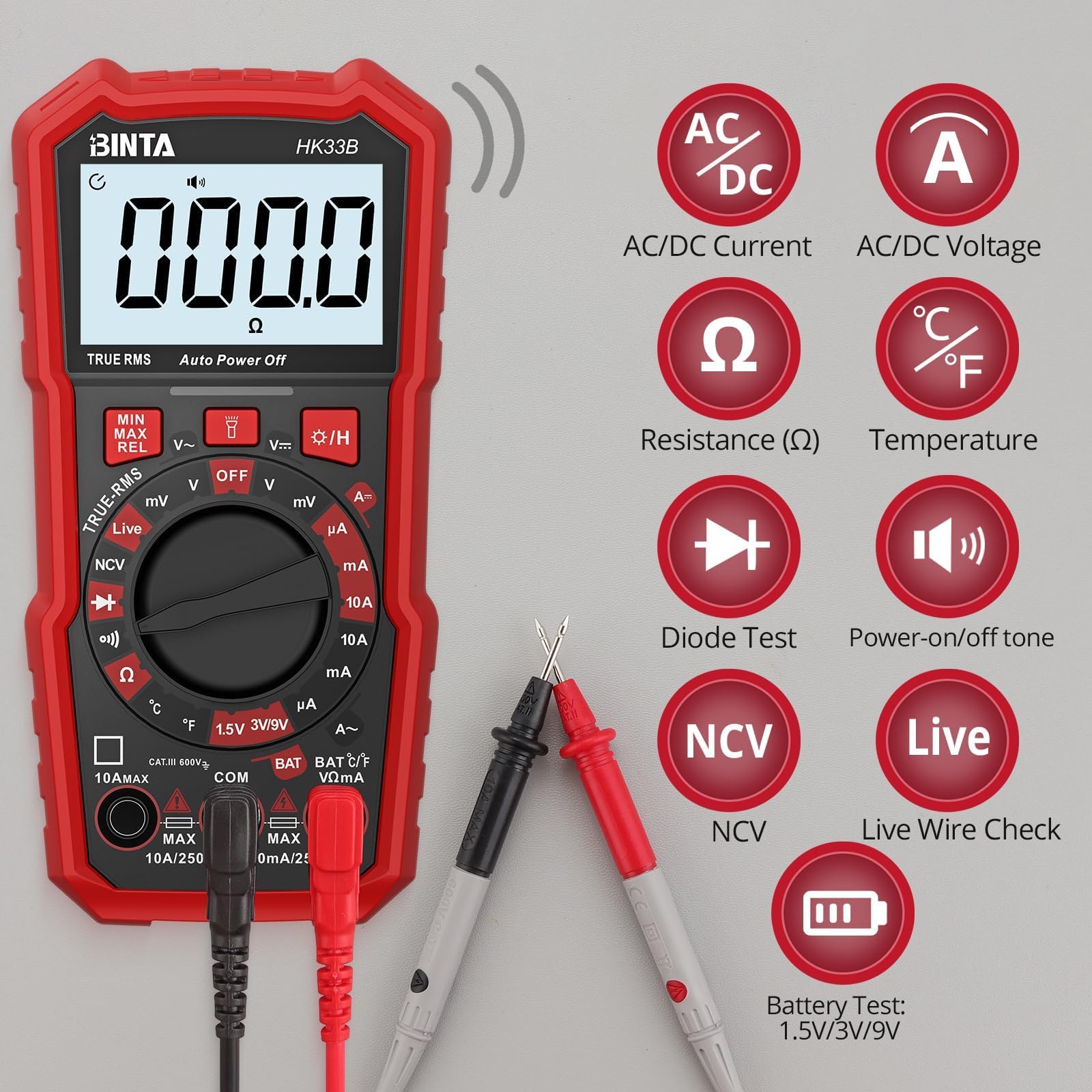 BINTA Digital Multimeter 2000 Counts with AC/DC Voltage, Ohm Volt Amp Meter Tests Live Wire, NCV, Temperature, Continuity - Image 3