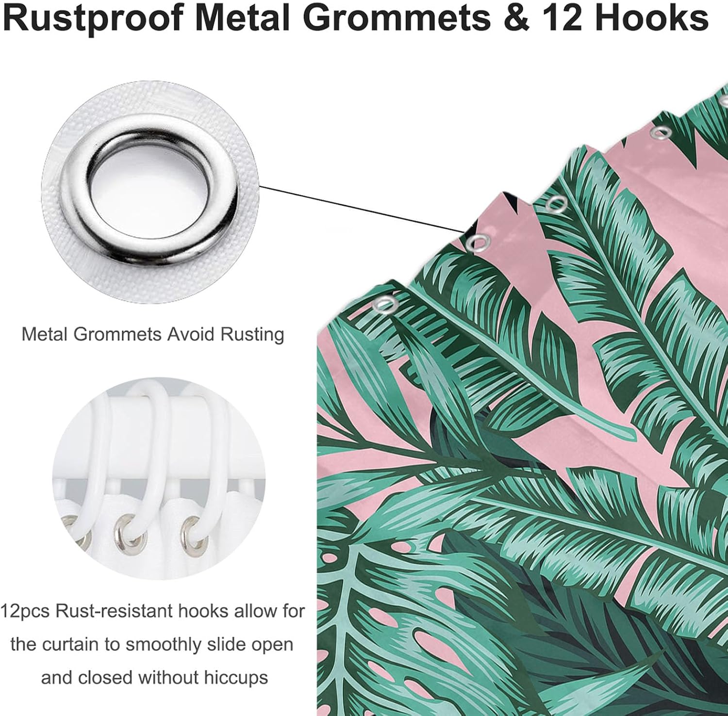 Tropical Leaves Shower Curtain Set 72x72 Inch Green Pink Watercolor Bathroom Accessories Waterproof Machine Washable