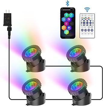 RGB Underwater Pond Lights, Super Bright LED Submersible Fountain Lighting Colored Landscape Spotlights, Bluetooth APP Control IP68 Waterproof for Fish Aquarium Tank Garden Yard Pool Set of 4