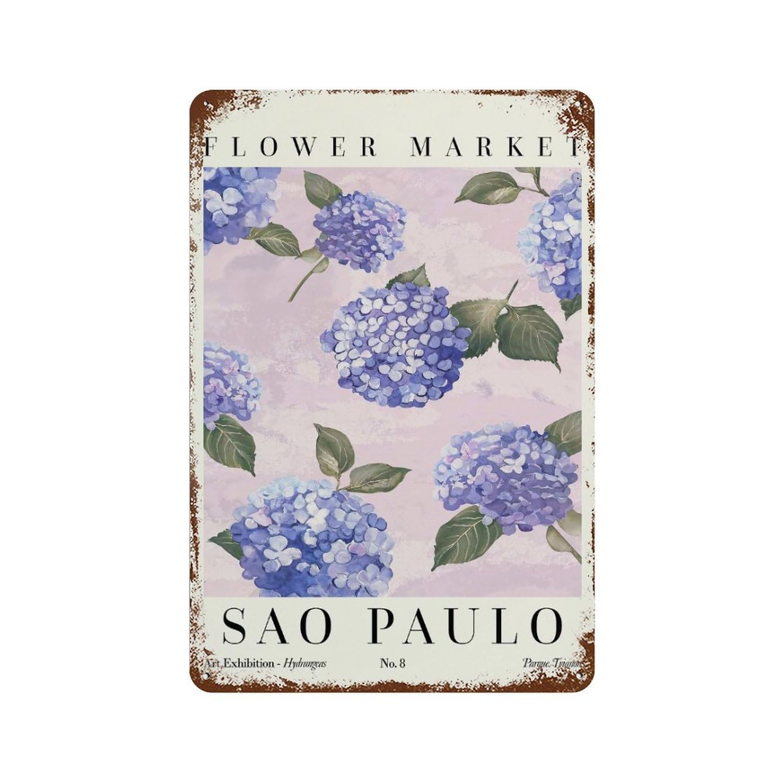 Garage Style Hydrangea Sao Paulo Flower Market Distressed Metal Wall Sign 11.8"x7.9", Shabby Chic Decor for Bar And Workshop