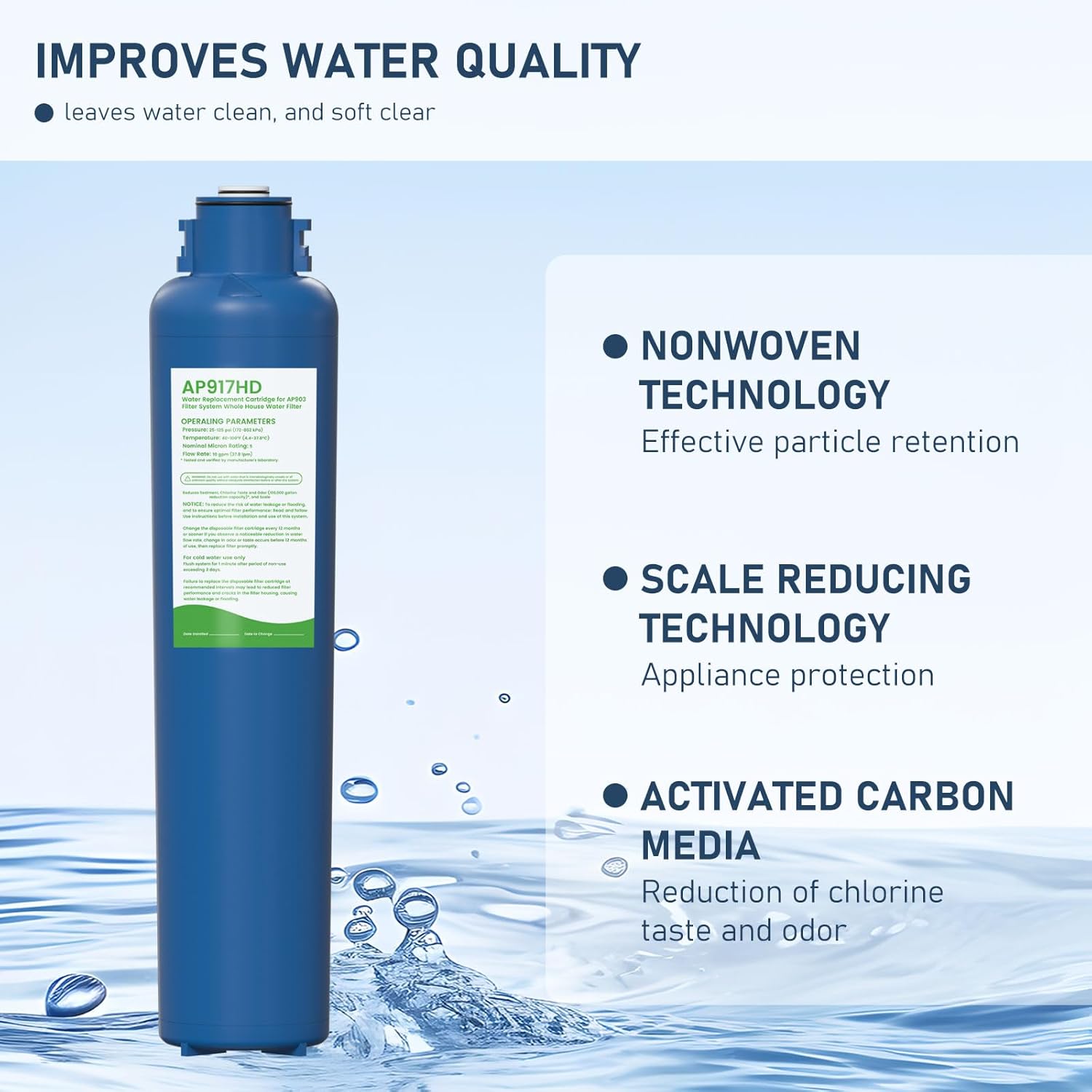 AP917HD AP903 Water Filter Replacement, Whole House Sanitary Quick Change Water Filter Cartridge Compatible with 3M Aqua-Pure AP917HD and AP903 System, Reduces Sediment, Odor