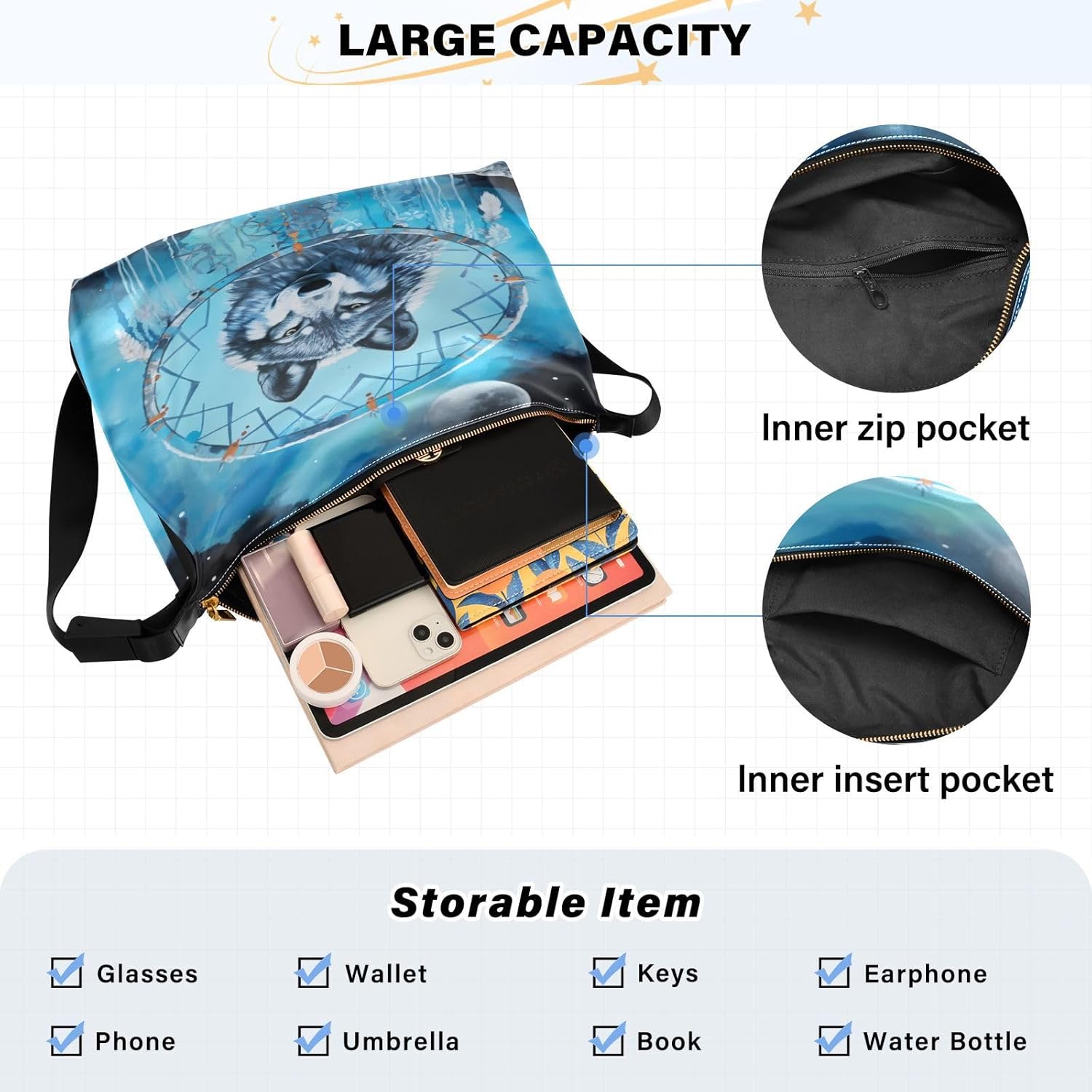 xigua Dream Catcher Wolf Shoulder Bag for Women Waterproof PU Leather Hobo Bags Crossbody Purse with Zipper Closure