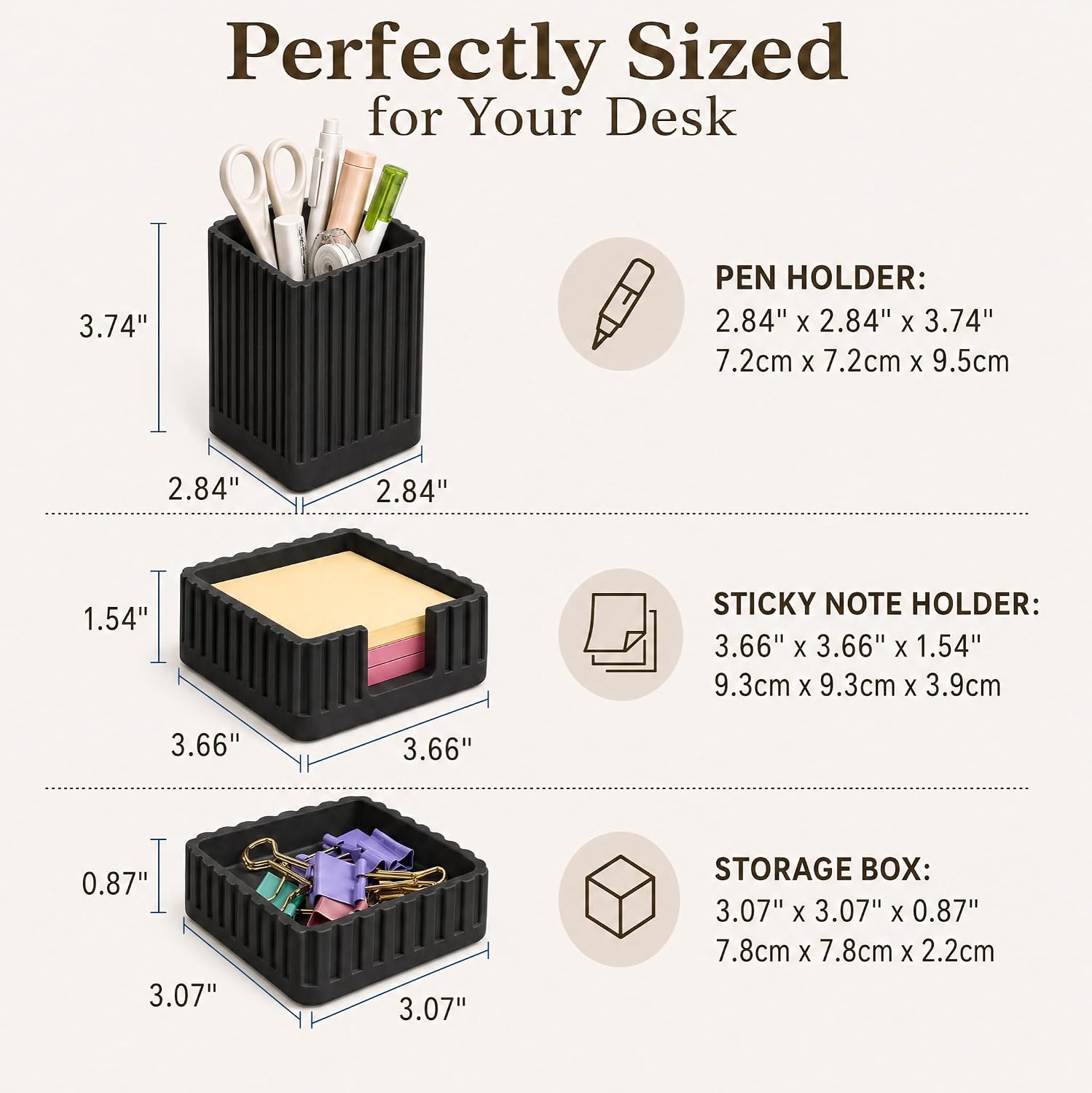 Black Desk Organizer Accessories Set, with Pen, Clip and Sticky Note Holder