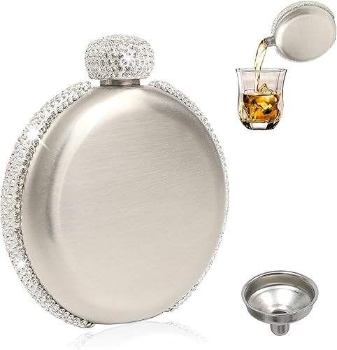Frasco de licor de cadera para mujer, a prueba de fugas, de acero inoxidable 304, con diamantes de imitación, portátil, con embudo, regalo brillante