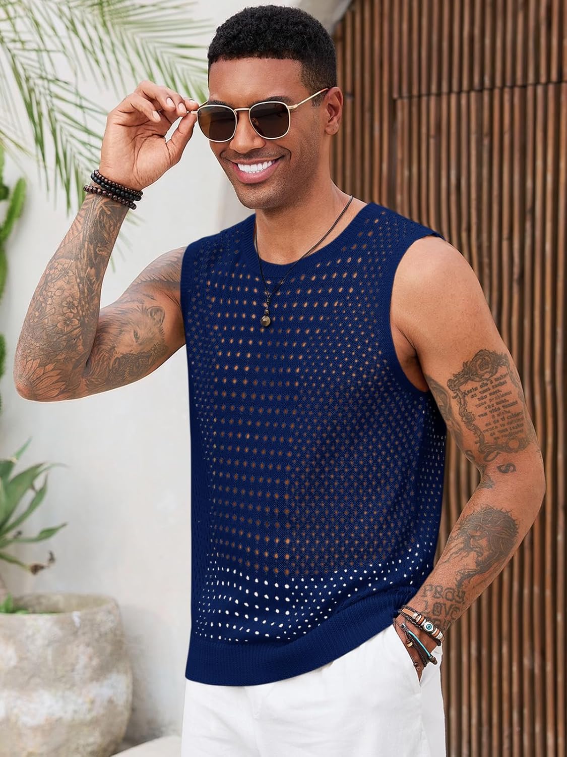Runcati Mens Knit Sleeveless Tank Tops Casual Hollow Out T Shirts Beach Summer See Through Tops - Image 3