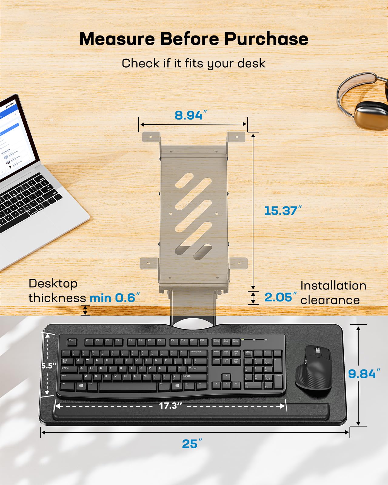 HUANUO Under Desk Keyboard Tray, 360 Degree Adjustable Mouse Platform — Amazon image 3
