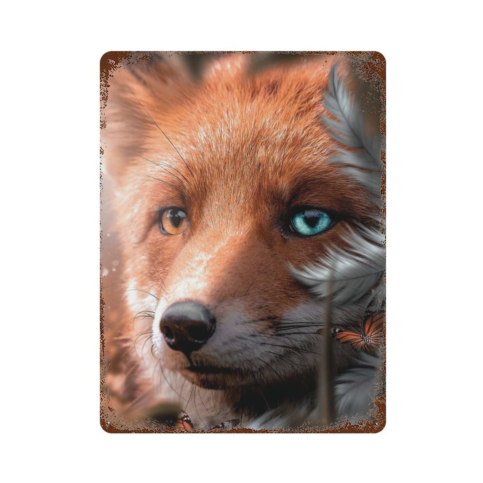 Vintage Rust Metal Sign Feather Fox 15.7"x11.8", Old School Wall Decor for Garage, Bar And Workshop Decor