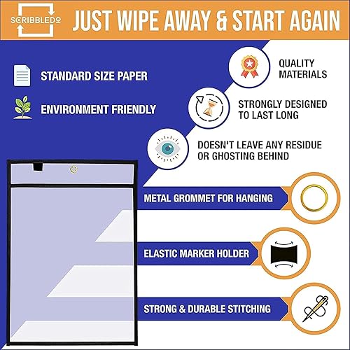 Vista 9 de SCRIBBLEDO Paquete de 50 soportes para boletos de trabajo, 9 x 12 pulgadas, fundas de plástico negras de borrado en seco, protectores de hojas