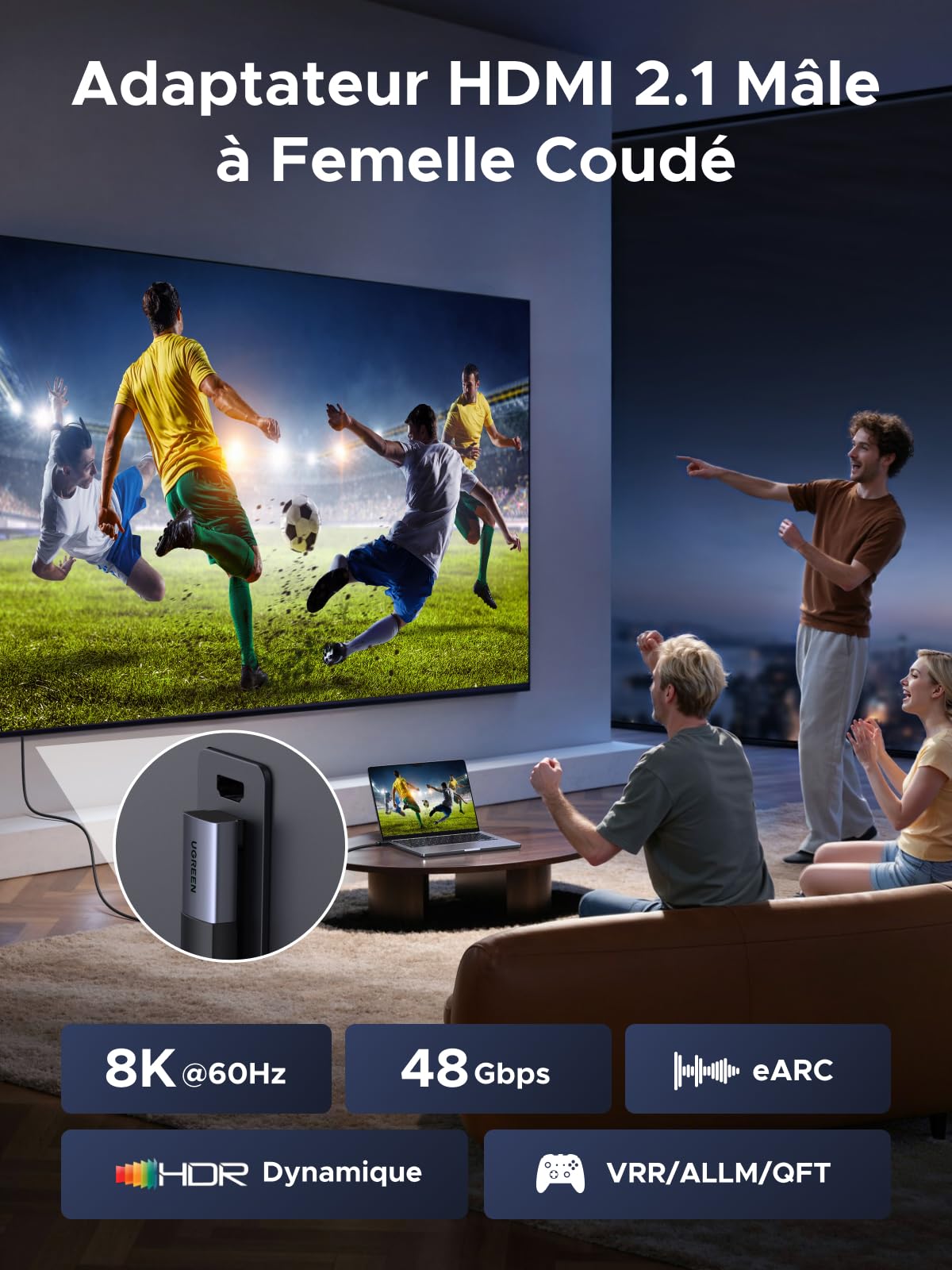 UGREEN Adaptateur HDMI 2.1 8K Coudé 90 et 270 Lot de 2 8K 60Hz 4K 240Hz Bidirectionnel Convertisseur HDMI 2.1 Mâle vers Femelle 48Gbps eARC HDR en Aluminium Compatible avec PC HDTV Projecteur Monitor