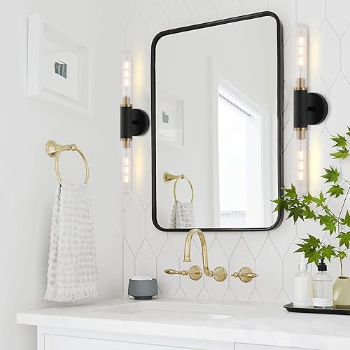 Miniatura 3 de Modernos apliques de pared cilíndricos de textura moleteada de 24 pulgadas con pantalla de vidrio transparente a rayas, 2 luces de latón cepillado