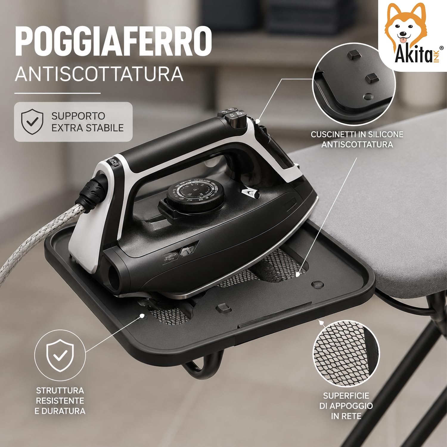 AKITAInk Asse da Stiro BRAVA 33x110 cm in Acciaio, Asse Pieghevole Regolabile con Poggiaferro, Piedi Antiscivolo e Rivestimento 100% Cotone