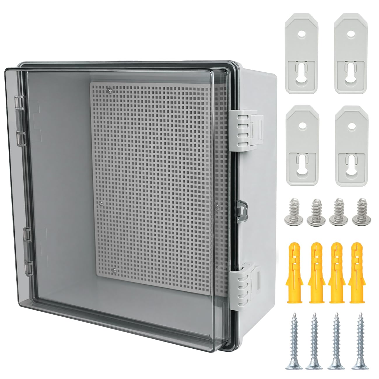 Otdorpatio Junction Box, Hinged Grey Clear Cover IP67 Waterproof ABS Project Box with Mounting Plate Electrical Box Enclosure with Wall Bracket 11.8 x 11.8 x 6.7inch(300x300x170mm)