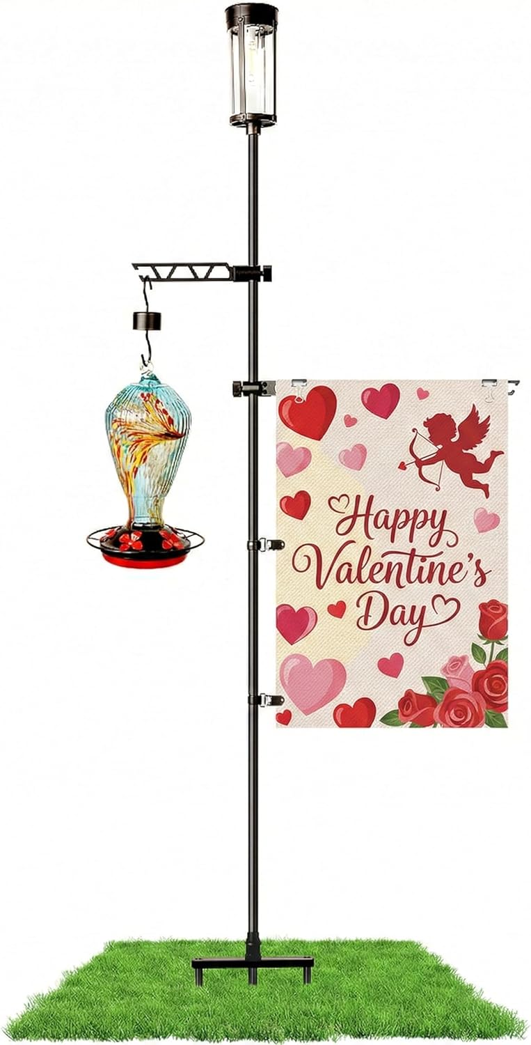 Garden Flag Stand with Solar Light for Outside 12 x 18 Inch Flags, Heavy Duty Aluminum Alloy Yard Flag Holder with Clip, Weatherproof Outdoor Flag Pole