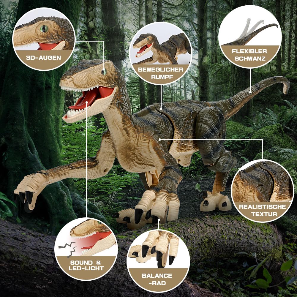 FRUSE Ferngesteuerter Dinosaurier Spielzeug, 2.4 GHz Realistische Velociraptor Roboter mit Gehen, Brüllen und LED-Licht,Dino Spielzeug für Jungen 3, 4, 5, 6,7,8,9 Jahre alte Kinder