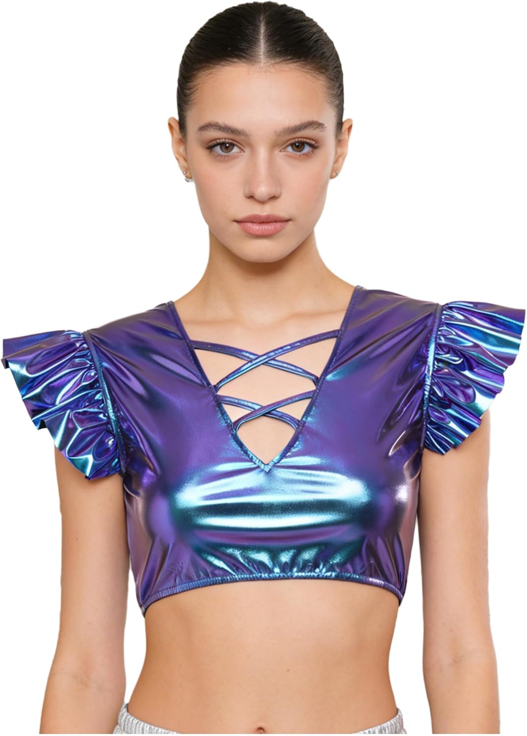 FEESHOW Women's Shiny Metallic Top V Neck Ruffled Fly Sleeve Crop Shirts Jazz Dance Top for Halloween Party