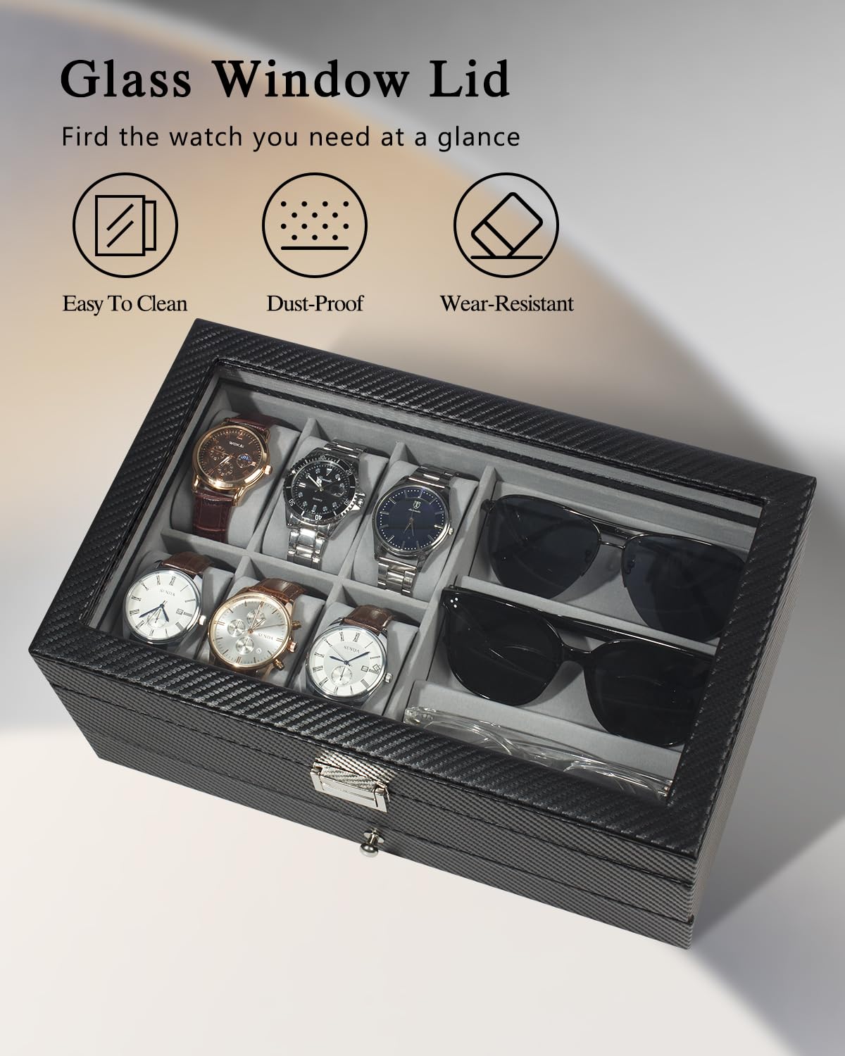 Caja para relojes, estuche para relojes de 6 ranuras, organizador de gafas de 3 compartimentos, joyero para hombre con tapa de cristal transparente, doble capa con cerradura de llave, regalo, negro-