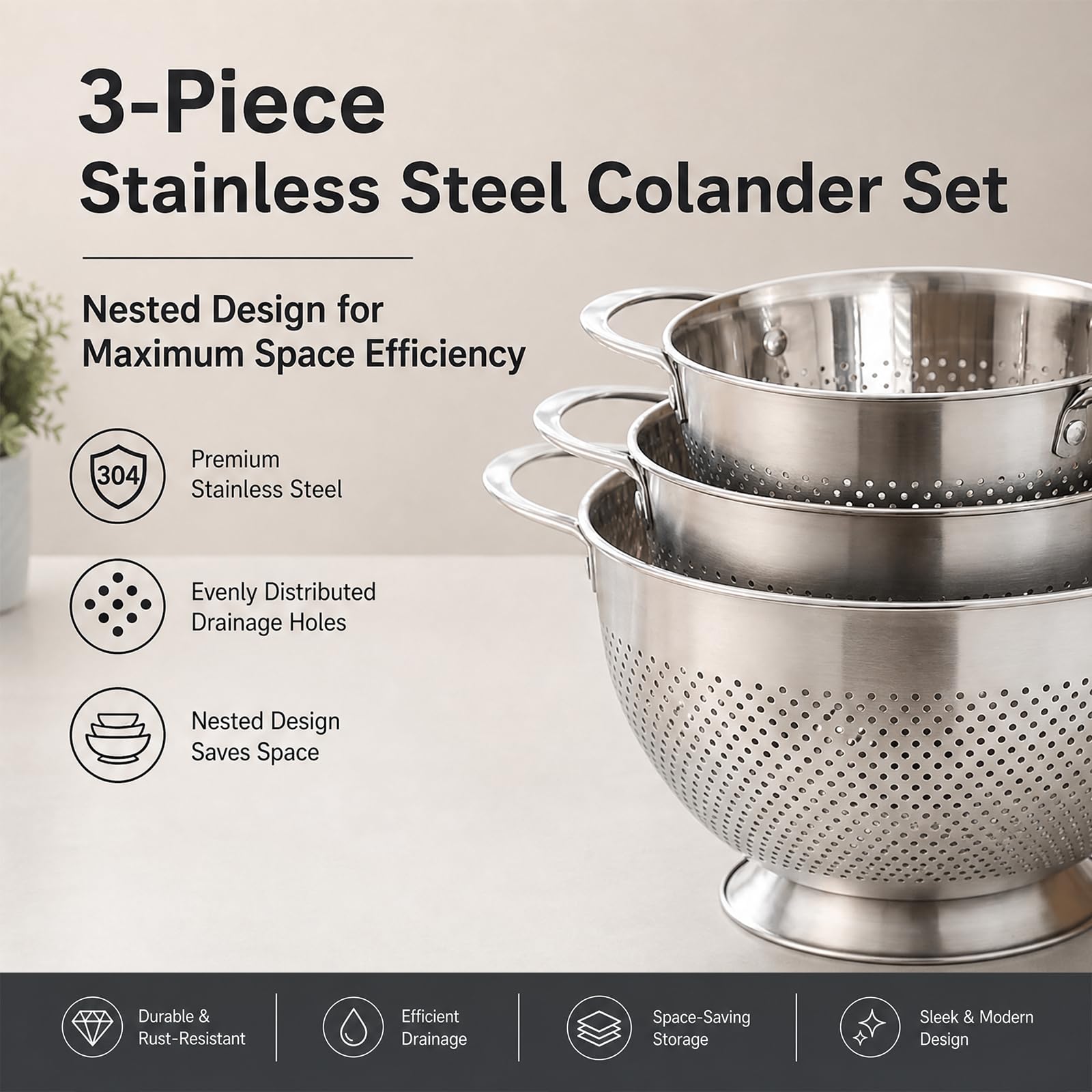 Set di 3 colini da cucina in acciaio inox, con manico e base