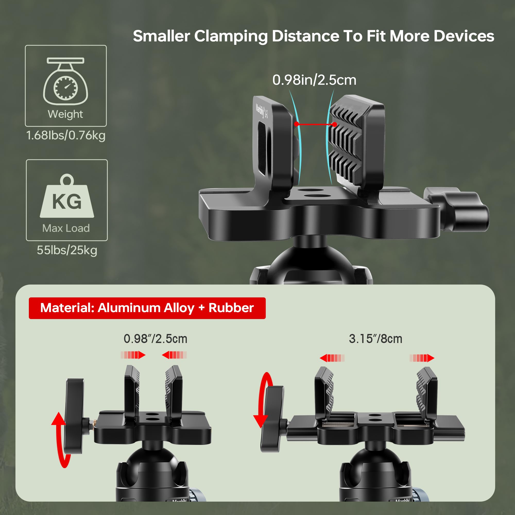 Manbily BH-52U3 Kugelkopf mit Klemme für Stative, Tripods, Monopoden, Niedriges Profil Dreibeinkopf mit 52mm Durchmesser, Sattel Montage 360° drehbar zum Schießen, Maximale Ladung 25kg