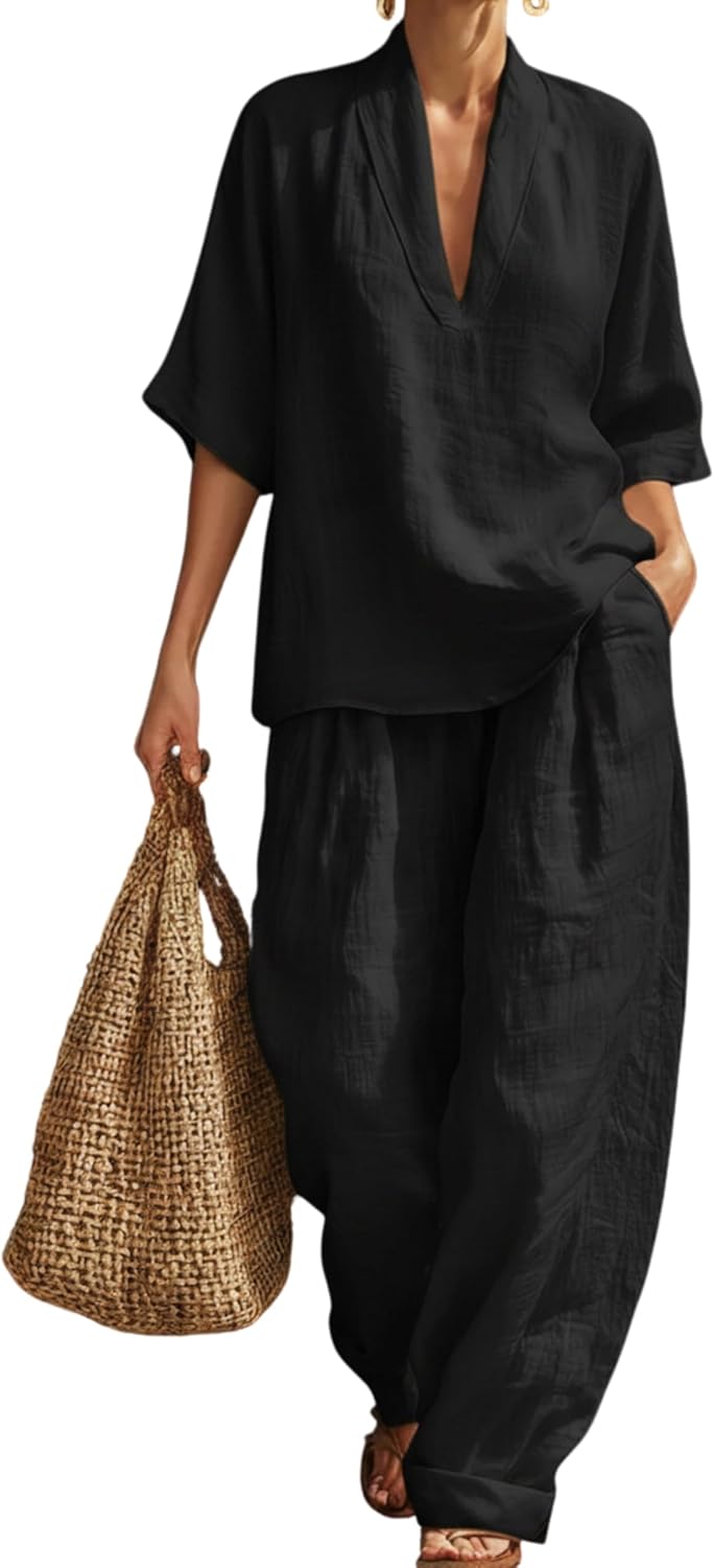 Tanming Two Piece Lounge Sets for Women Linen Set Vacation Beach Travel Outfits Casual Cruise Fashion 2026