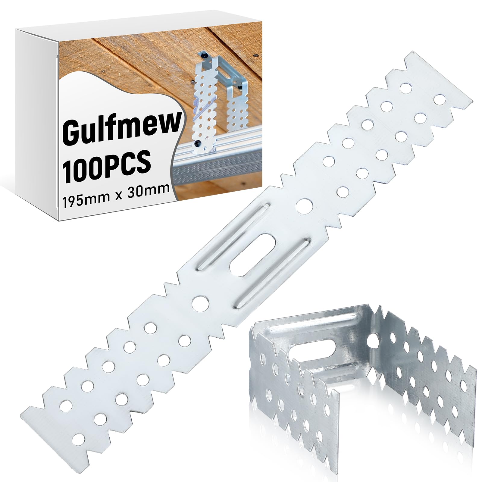 Gulfmew 100pcs Hinge Drylining Brackets Pre-galvanised Drywall Brackets 195mm x 30mm Galvanised Mild Steel Wall Mount Designed for Plasterboard Dry Lining Systems for Wall Ceiling Timber Joint